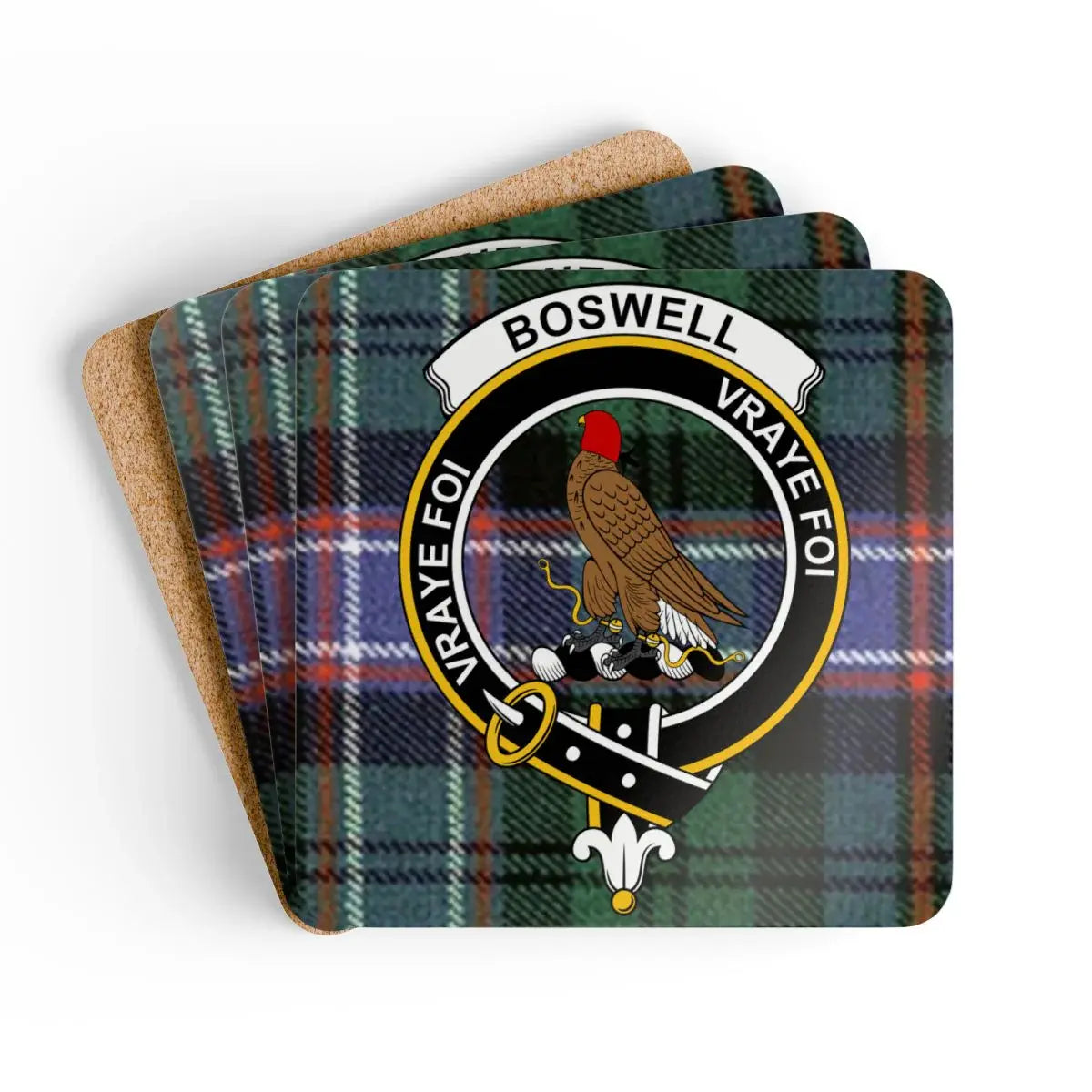 Boswell Scottish clan crest tartan coaster — glossy cork, 3.75 inch square