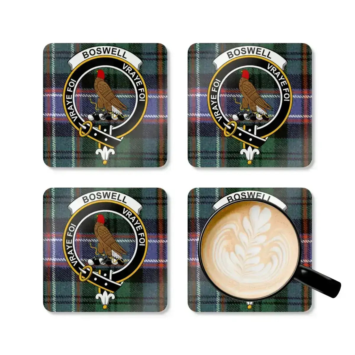 Boswell clan crest tartan rounded corner coaster — set view, cork base