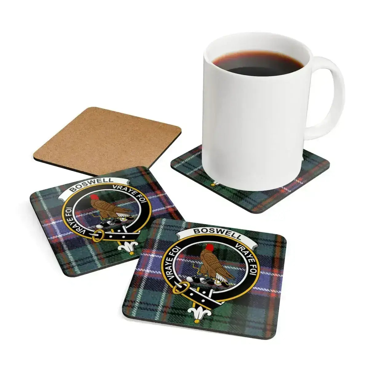 Clan Boswell plaid design coasters featuring vraye foi crest — single detail view