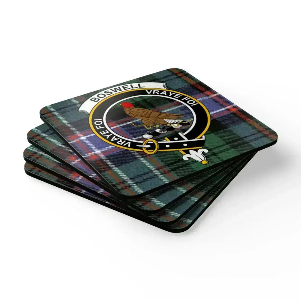 Boswell clan crest plaid design tabletop coasters — four coasters on table