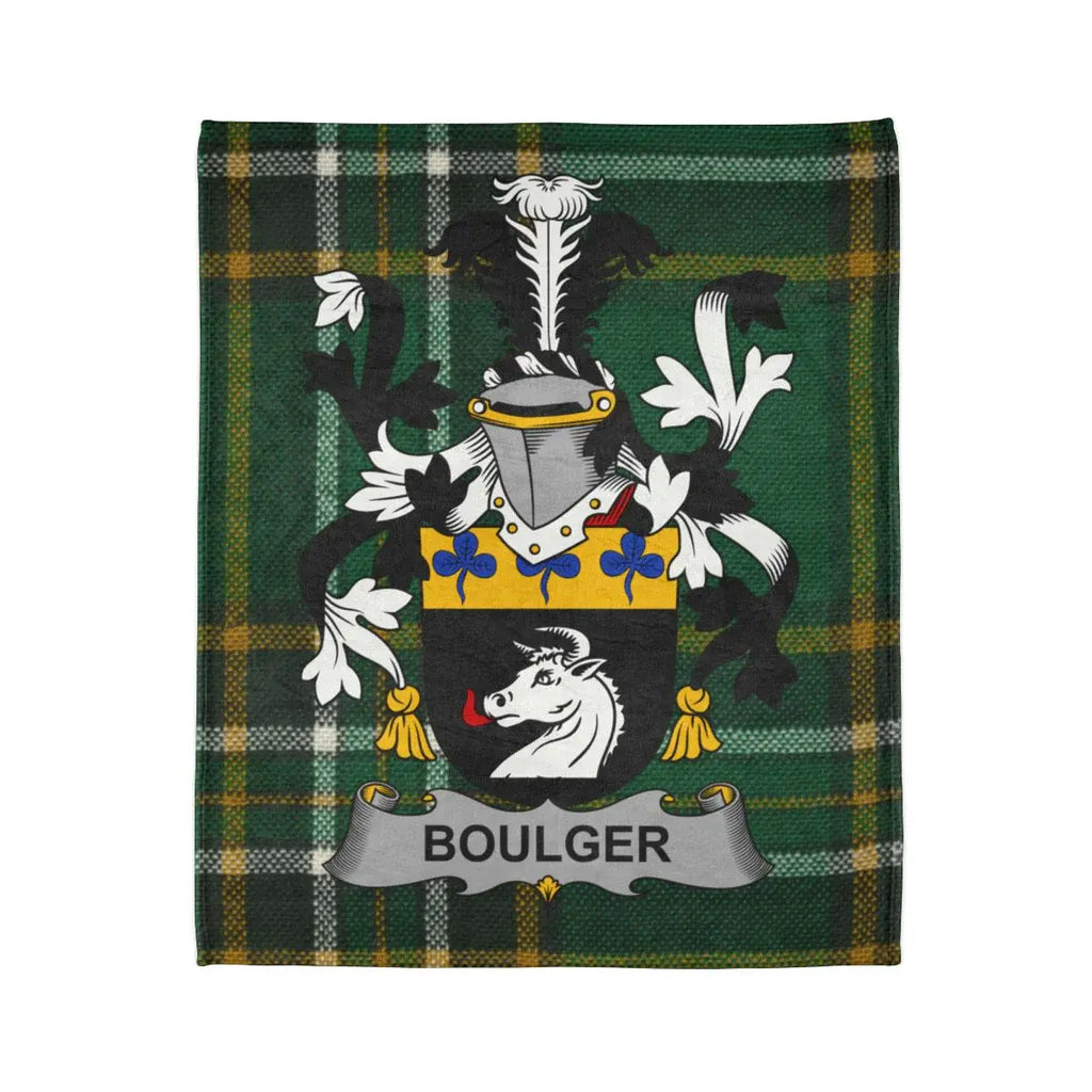 Boulger Family Crest Emblem on Green Plaid Blanket