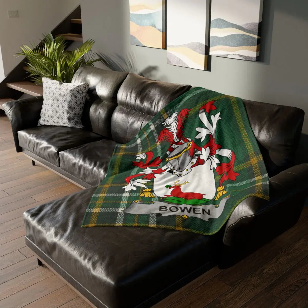 Personalized Bowen Family Crest Green Tartan Blanket