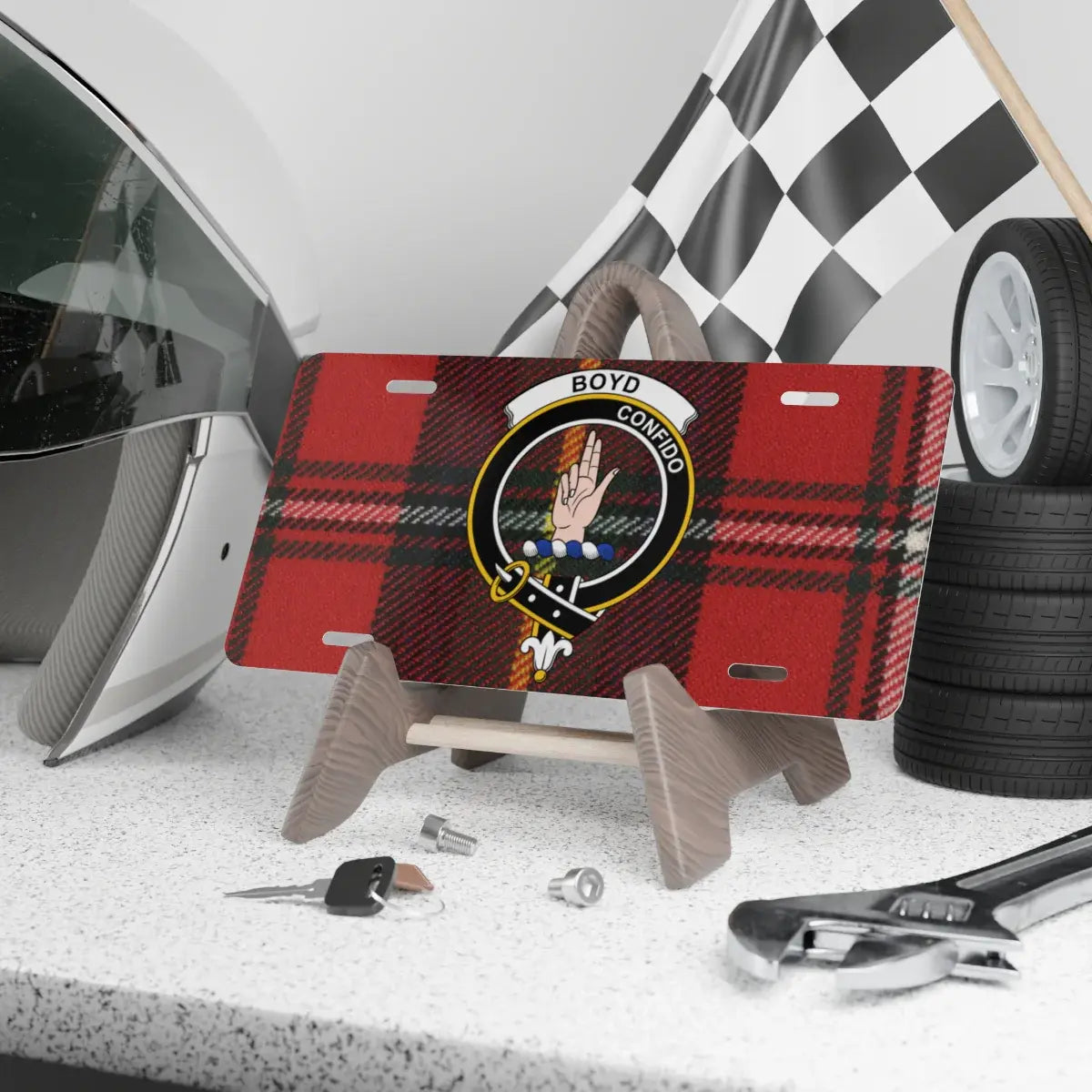 Boyd clan crest novelty license plate — 12x6 aluminium with red-green tartan and Confido design