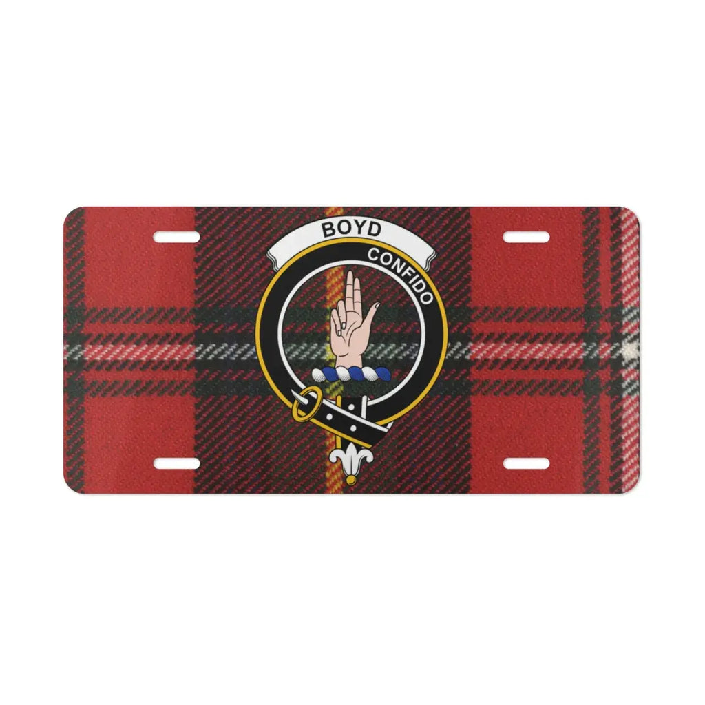 Boyd clan novelty plate mounted on car — standard 12x6 size with clan crest and tartan design