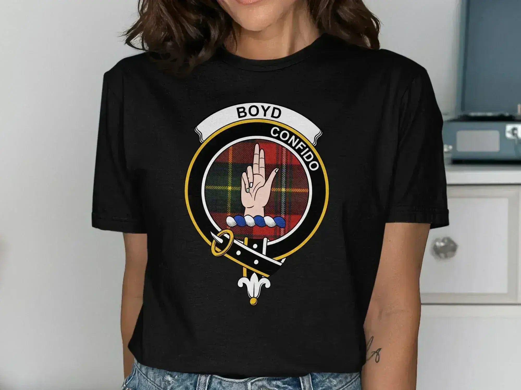 Boyd clan crest t-shirt in forest green — full heraldic print on 100% cotton