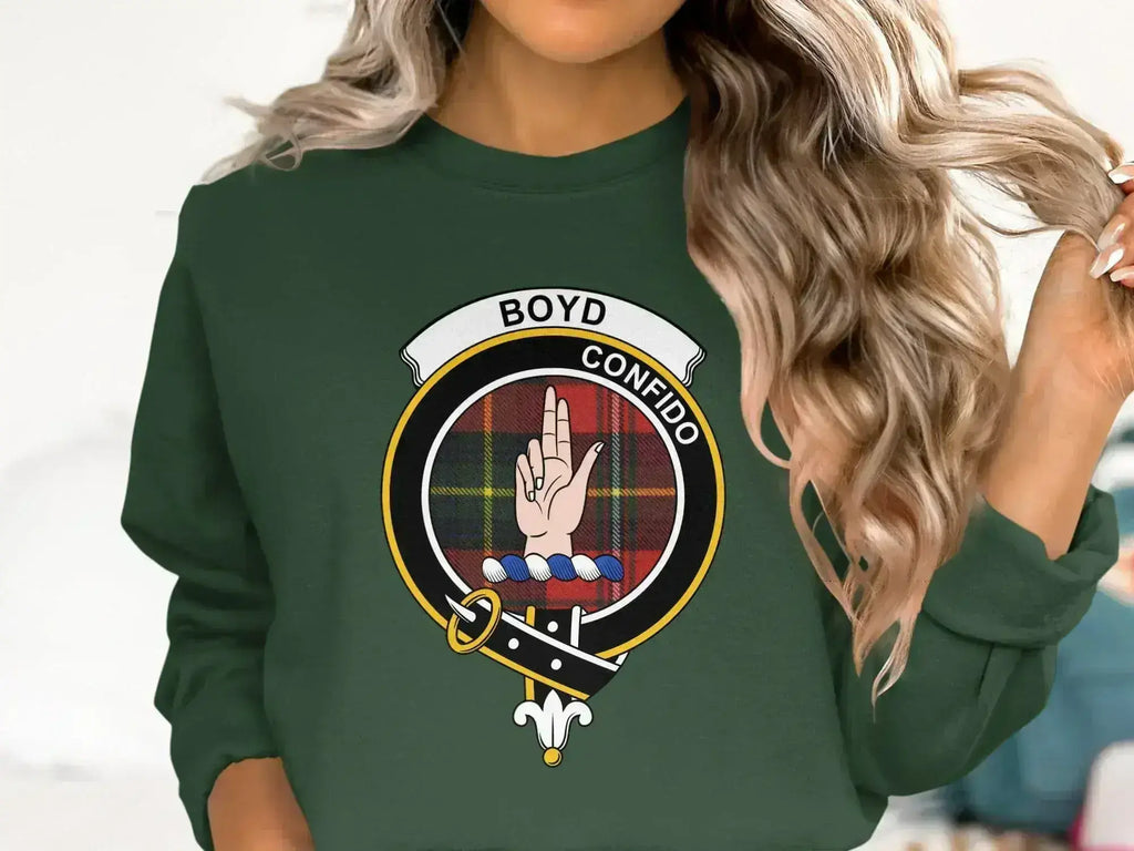 Boyd clan crest sweatshirt in royal blue — full heraldic design on fleece fabric