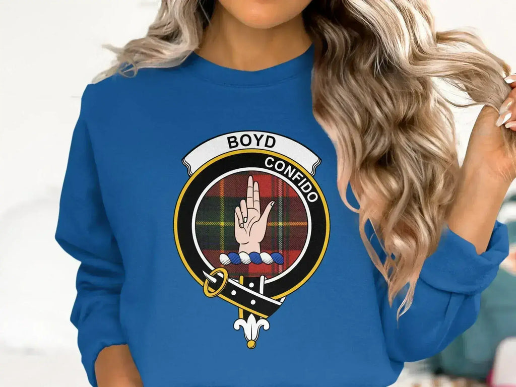 Boyd clan apparel size comparison — tee and sweatshirt side by side showing fit