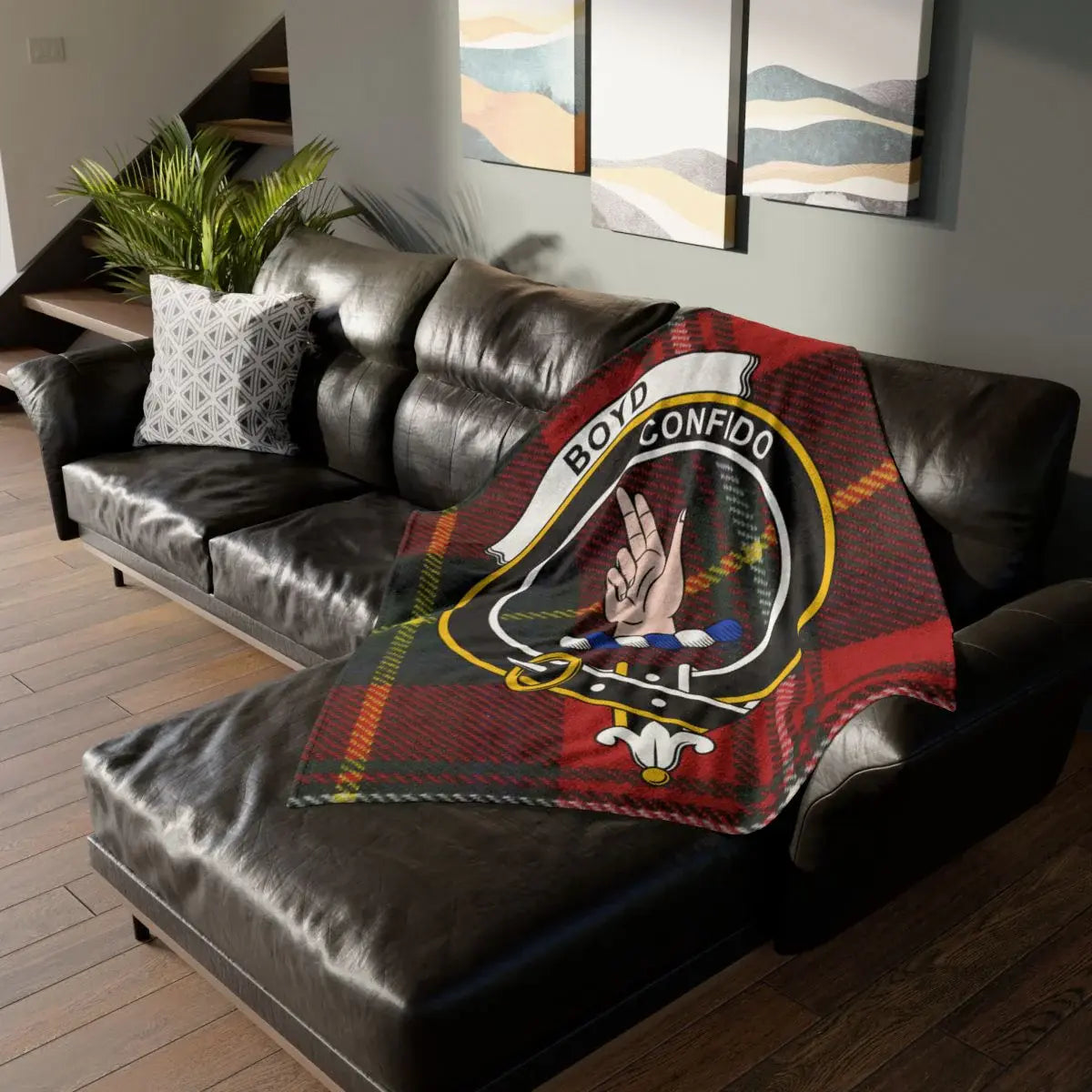 Boyd clan crest tartan printed throw blanket on sofa — 50x60 polyester, red and green design