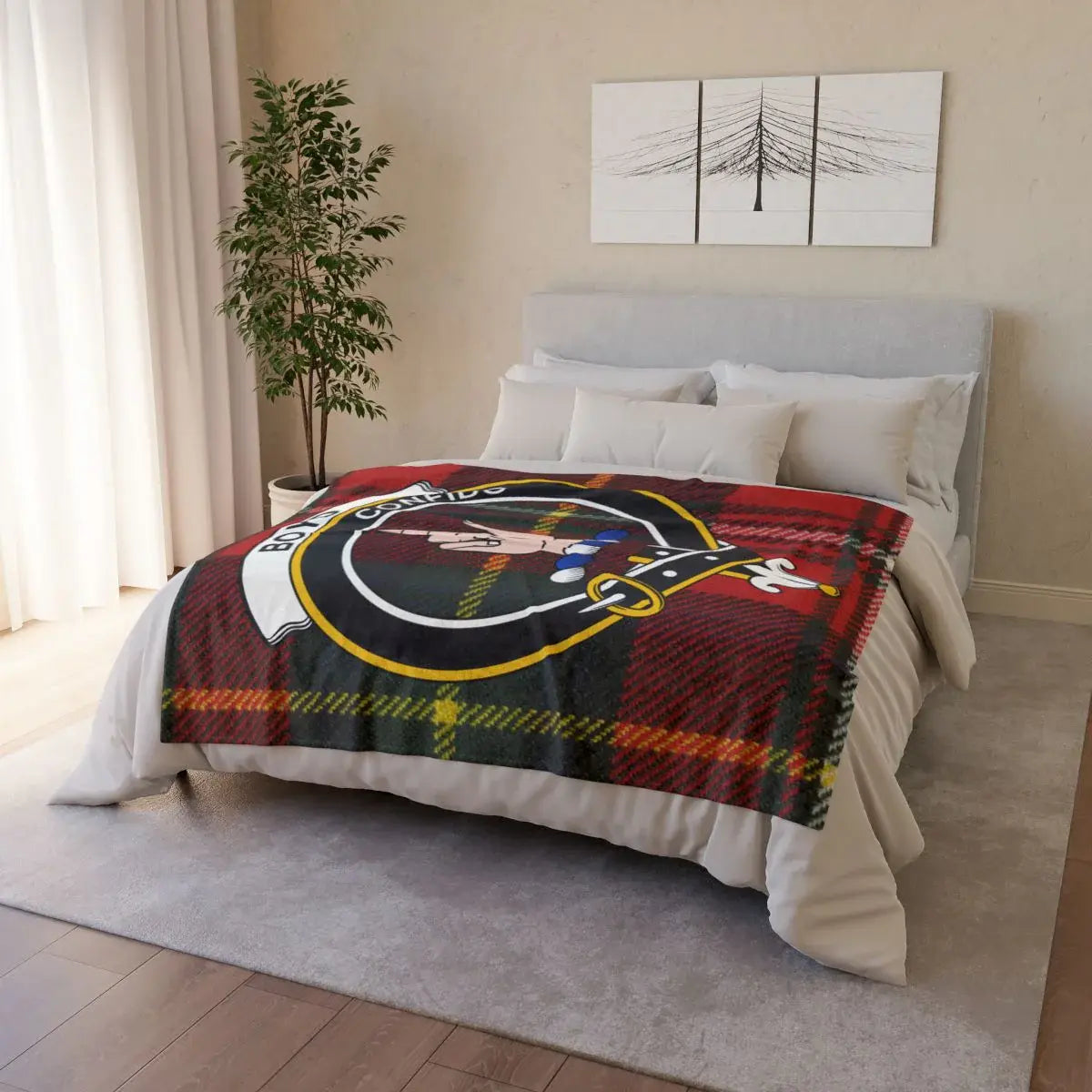 Boyd tartan throw blanket folded — lightweight printed polyester with hemmed edges