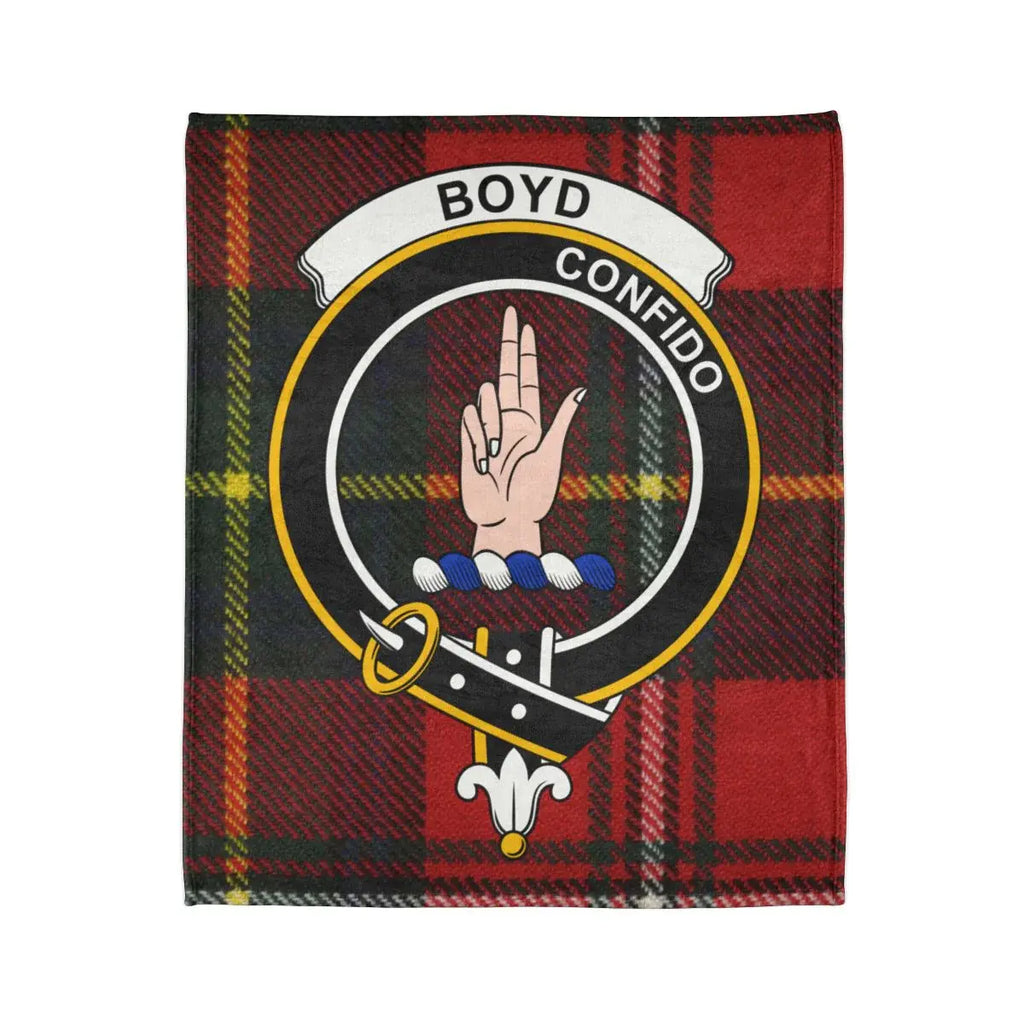 Boyd clan crest throw blanket flat lay — full red and green tartan print with Confido design