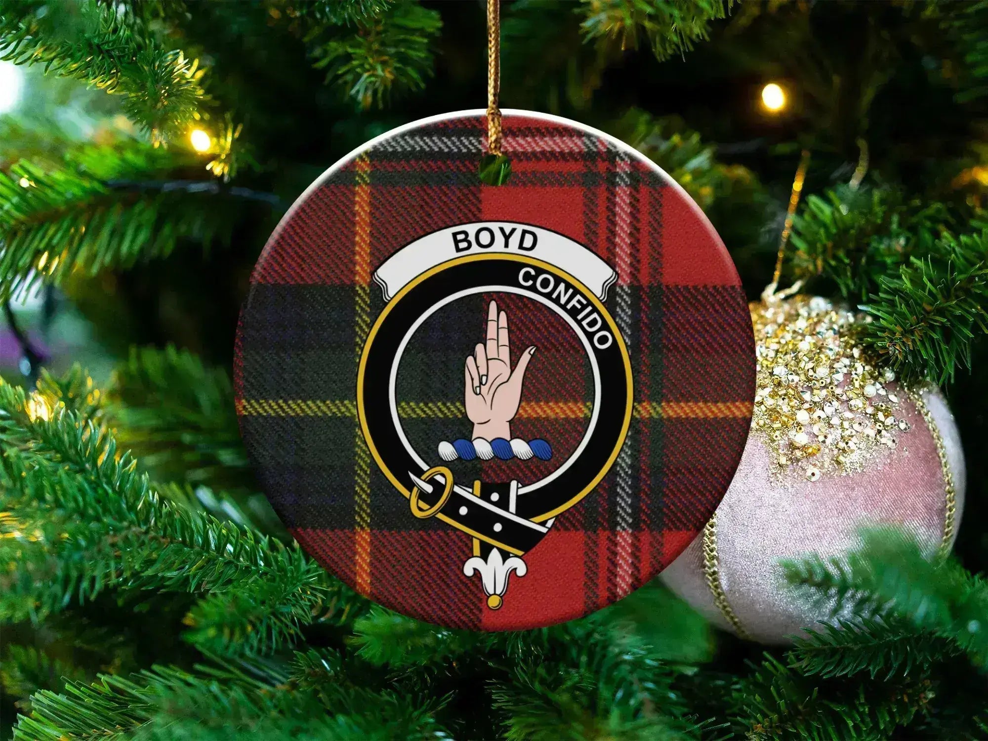 Boyd clan tartan ceramic ornament — 3-inch round glossy disc with red-green clan crest