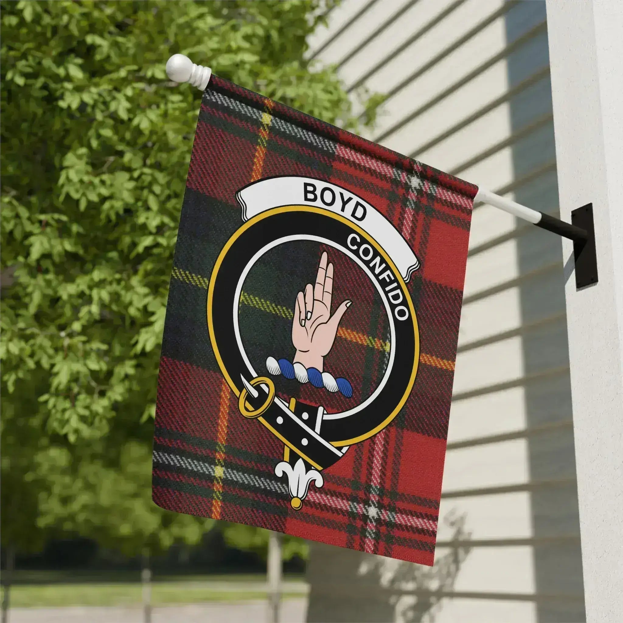 Boyd clan crest tartan garden flag 12x18 inches — poly poplin-canvas, red and green clan design