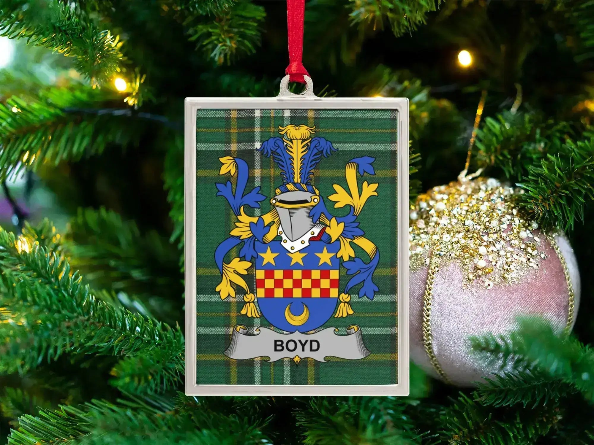 Boyd Irish coat of arms Christmas ornament — silver metal frame with green tartan crest