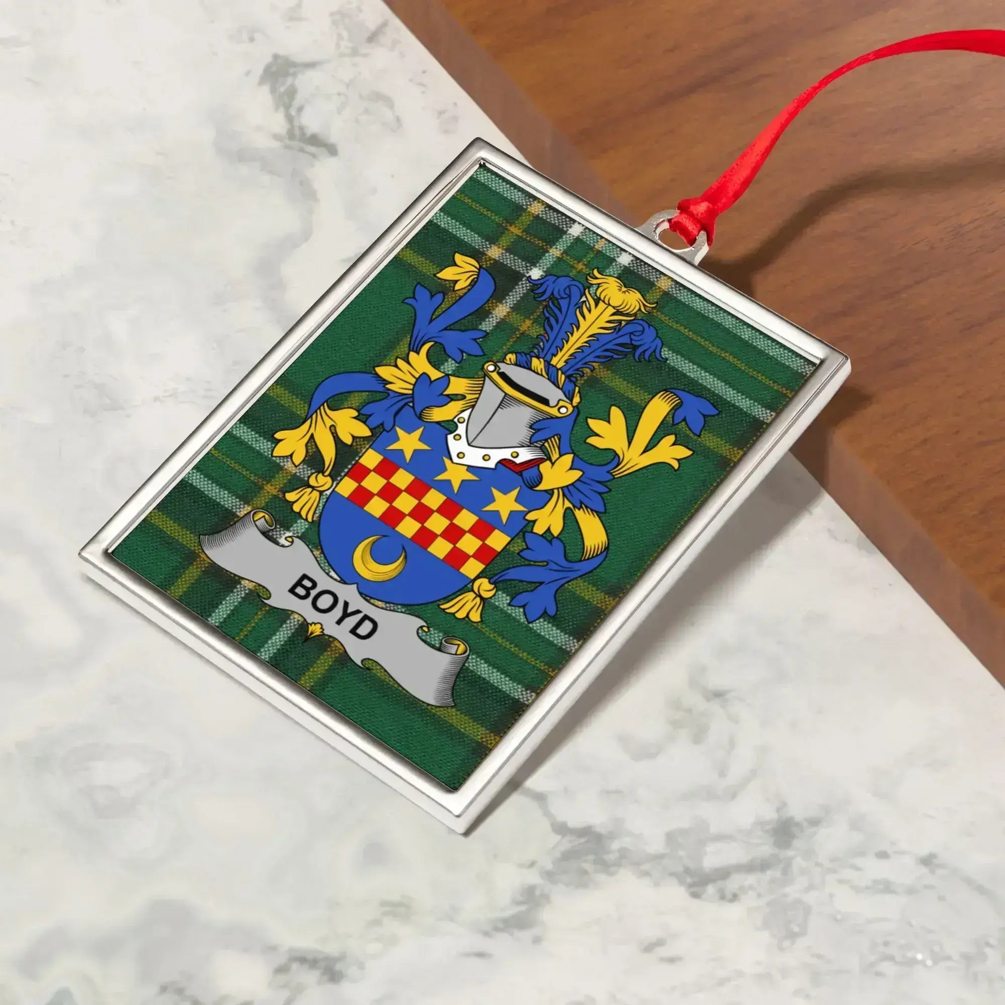 Boyd surname Irish tartan Christmas ornament — 3.25x2.31 inch oval metal frame with crest