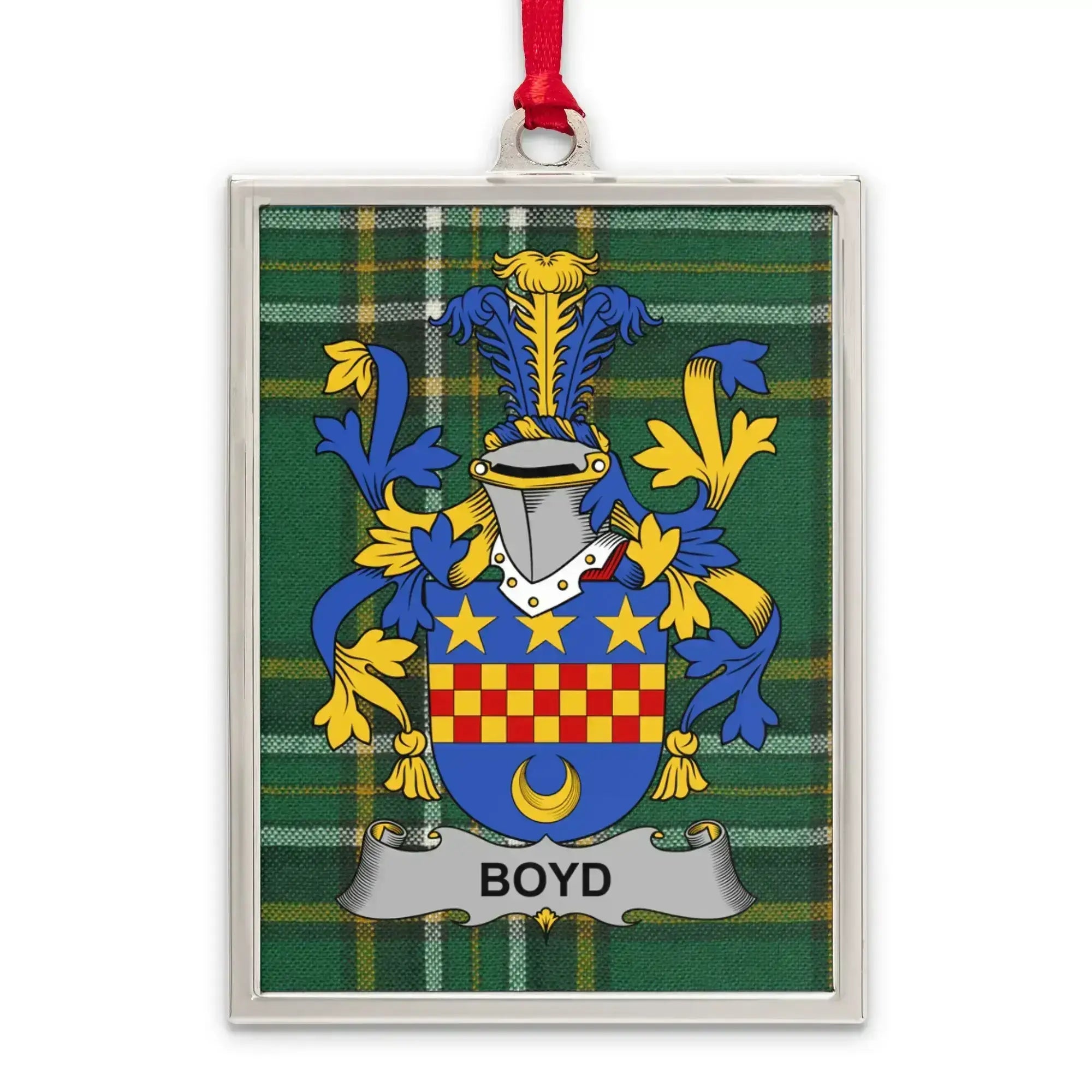 Boyd coat of arms on green Irish tartan ornament — metal portrait frame with ribbon loop