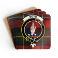 Boyd clan crest tartan coaster set of 4 — 3.75-inch square natural cork with sealed clan design
