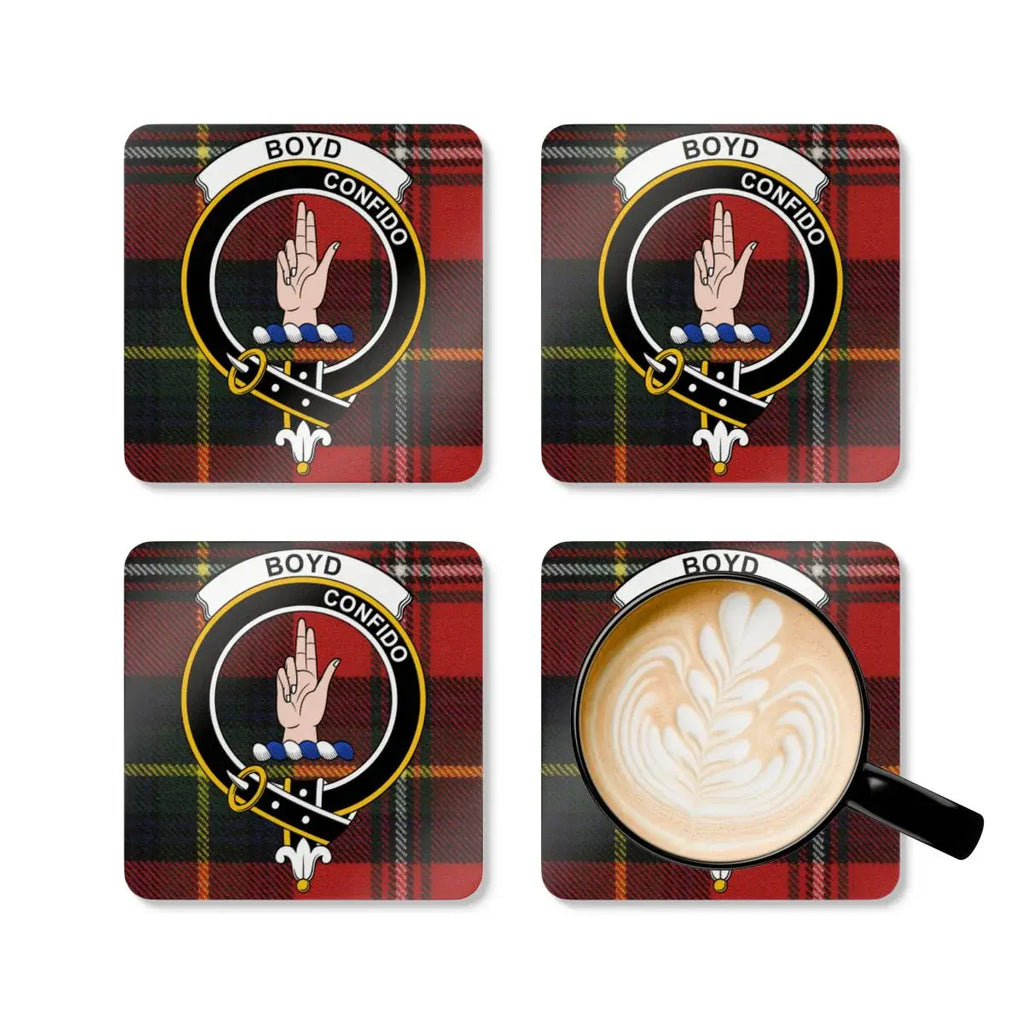 Boyd tartan coaster close-up — corkwood base with sealed red-green clan crest print