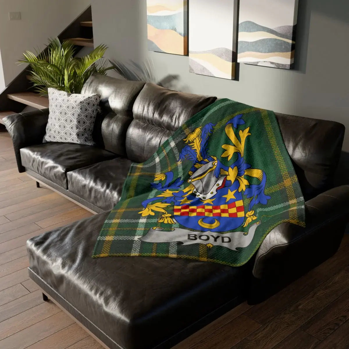 Boyd Irish coat of arms tartan throw blanket — 50x60 polyester with green national tartan print
