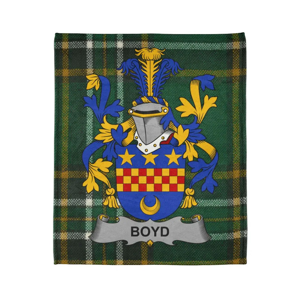 Boyd coat of arms on Irish national tartan throw — full crest design, white reverse side