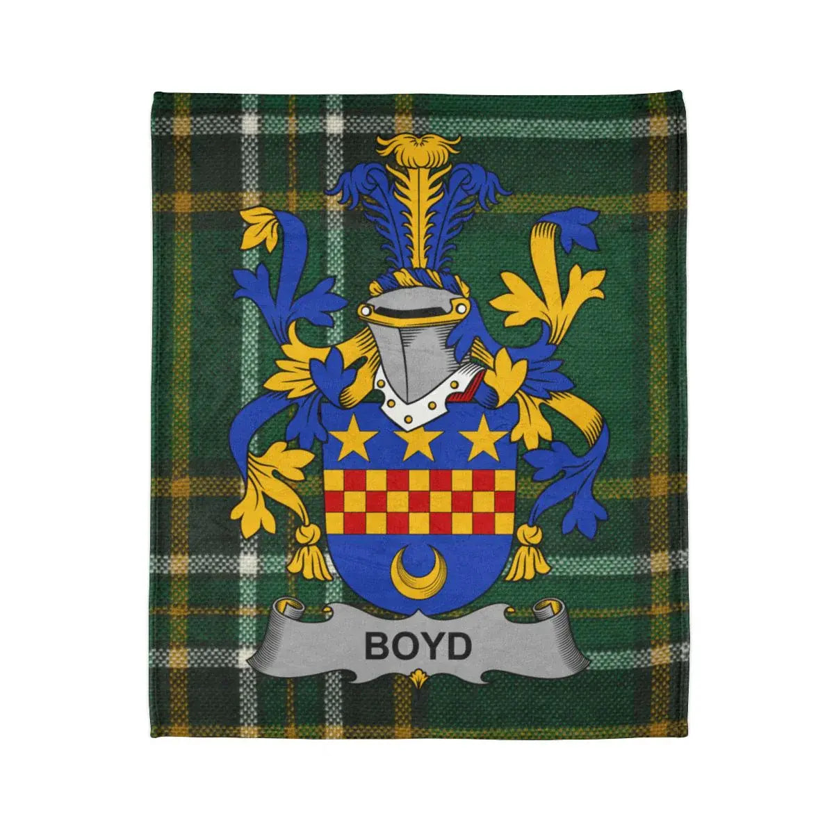 Boyd coat of arms on Irish national tartan throw — full crest design, white reverse side