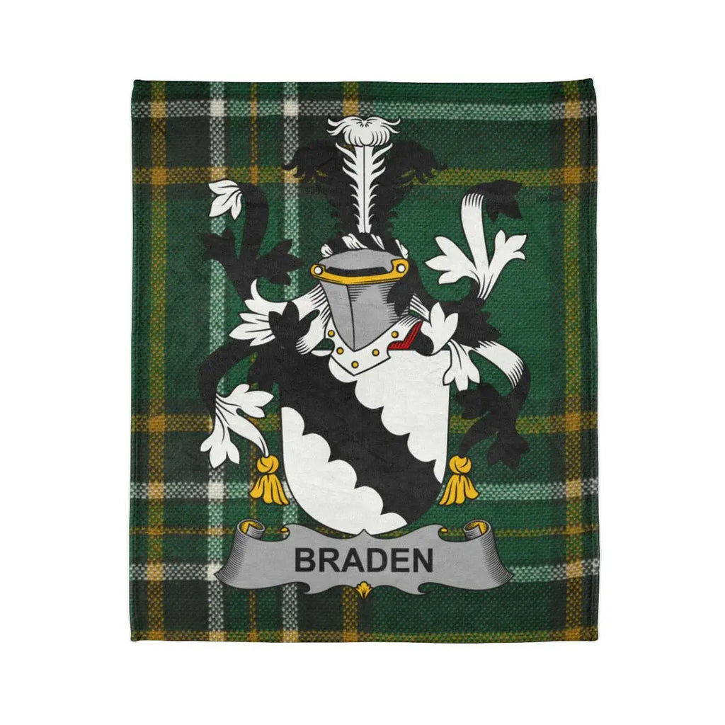 Braden crest shield with green tartan blanket