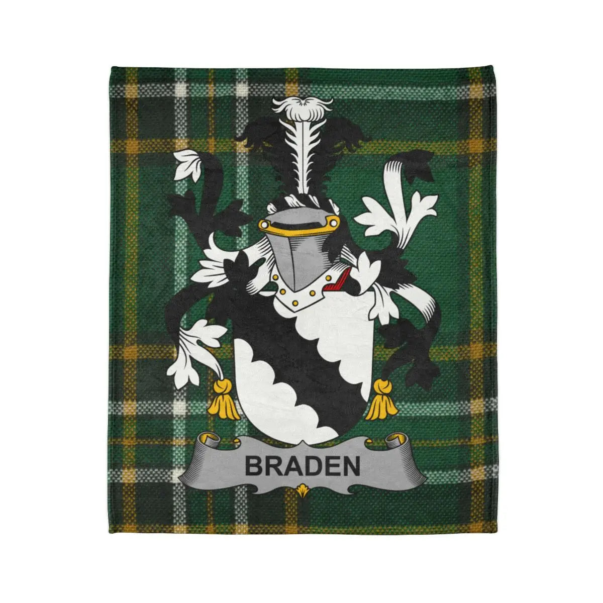 Braden crest shield with green tartan blanket
