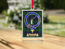Close-up of the Bragge family crest on a polished silver-frame metal ornament
