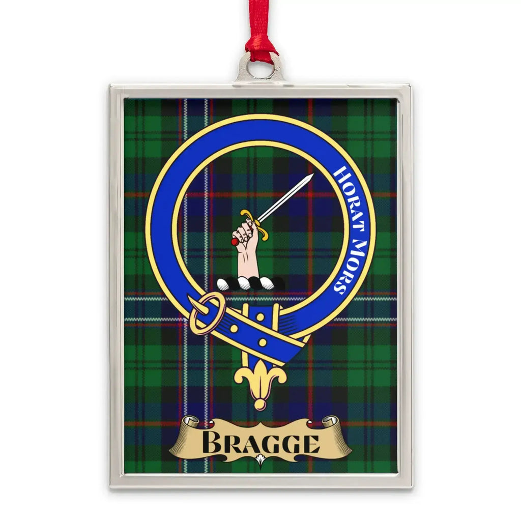 Bragge tartan-background crest ornament shown as a Scottish heritage keepsake gift