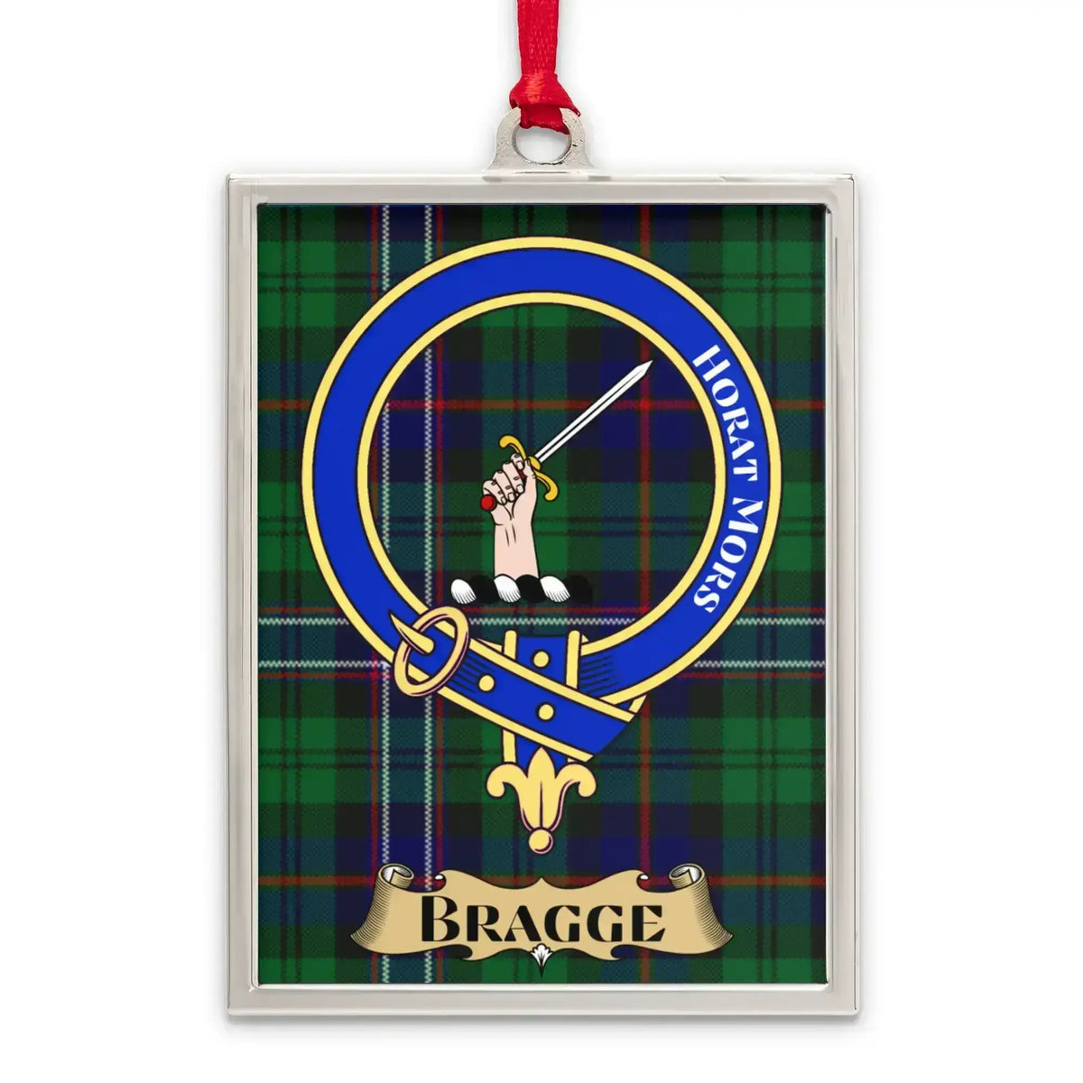 Bragge tartan-background crest ornament shown as a Scottish heritage keepsake gift