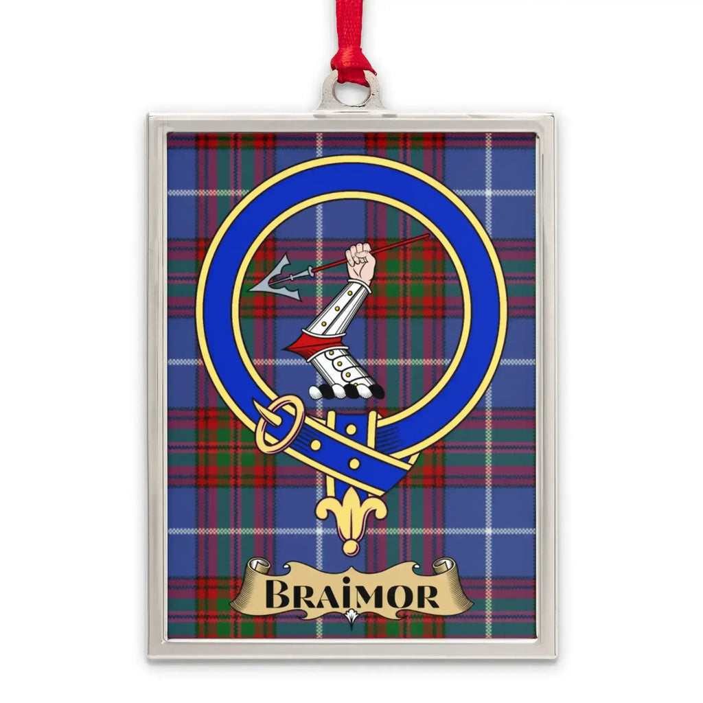 Braimor tartan-background crest ornament shown as a Scottish heritage keepsake gift