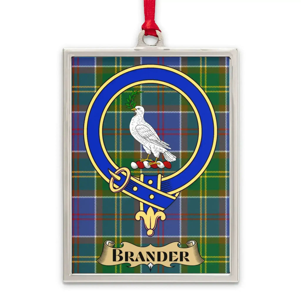 Brander tartan-background crest ornament shown as a Scottish heritage keepsake gift