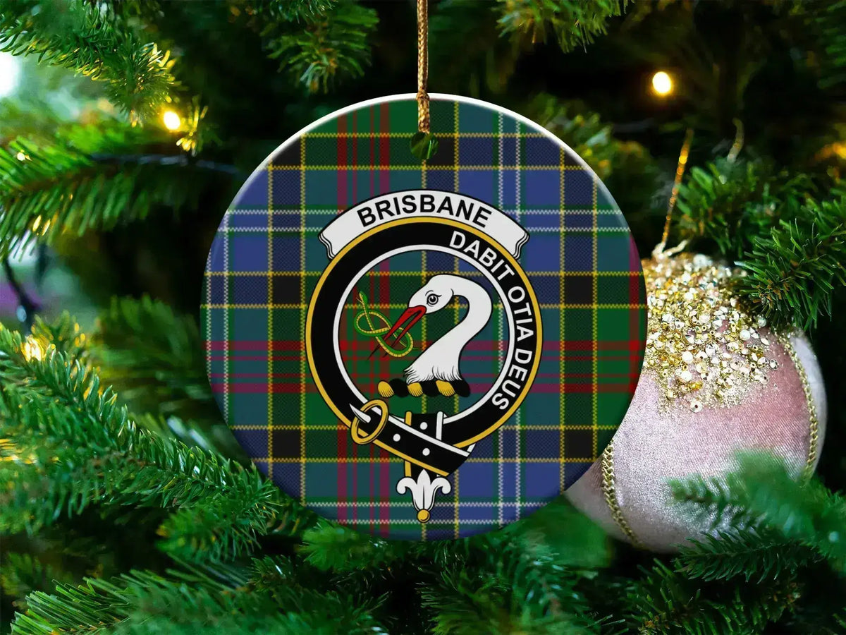 Brisbane ceramic ornament with family-name crest on a tartan-background design
