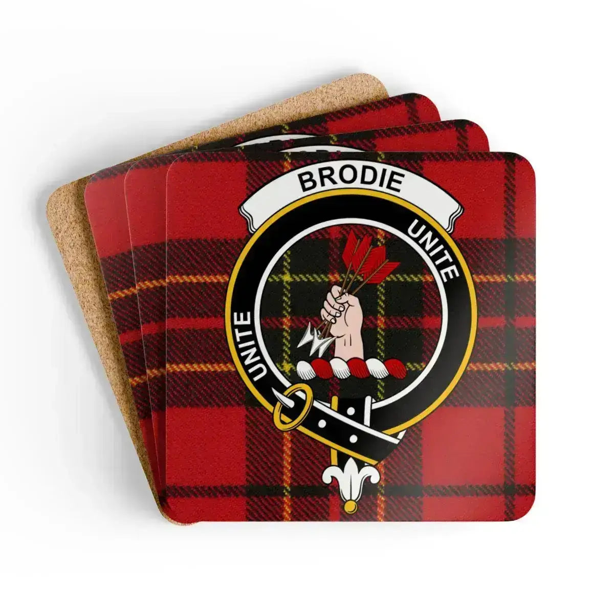 Clan Brodie unite tartan crest square coaster set — glossy cork, 3.75 inch