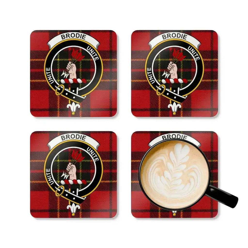 Brodie unite Scottish tartan plaid coasters — set view, cork base