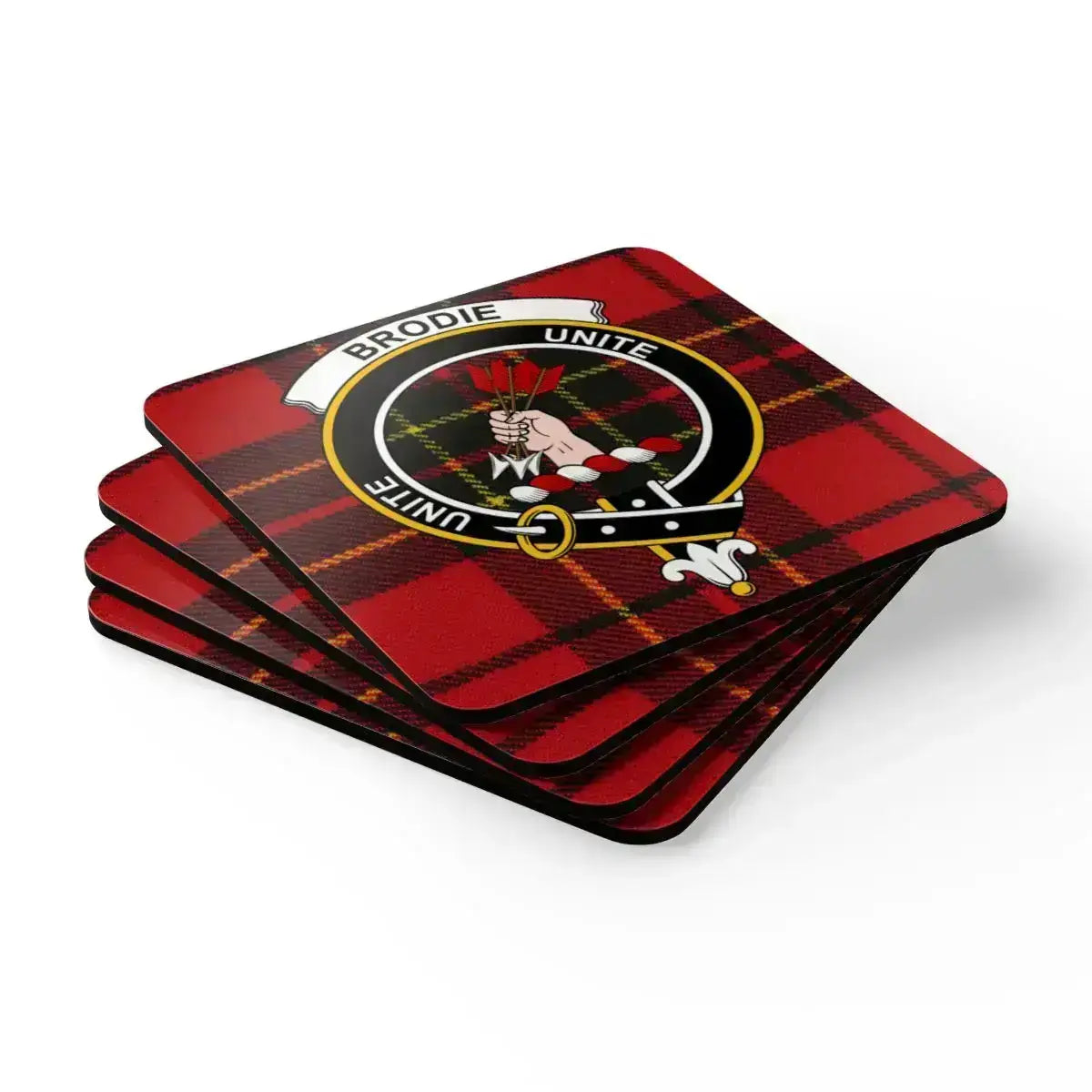 Brodie unite clan tartan coaster set — four coasters on table