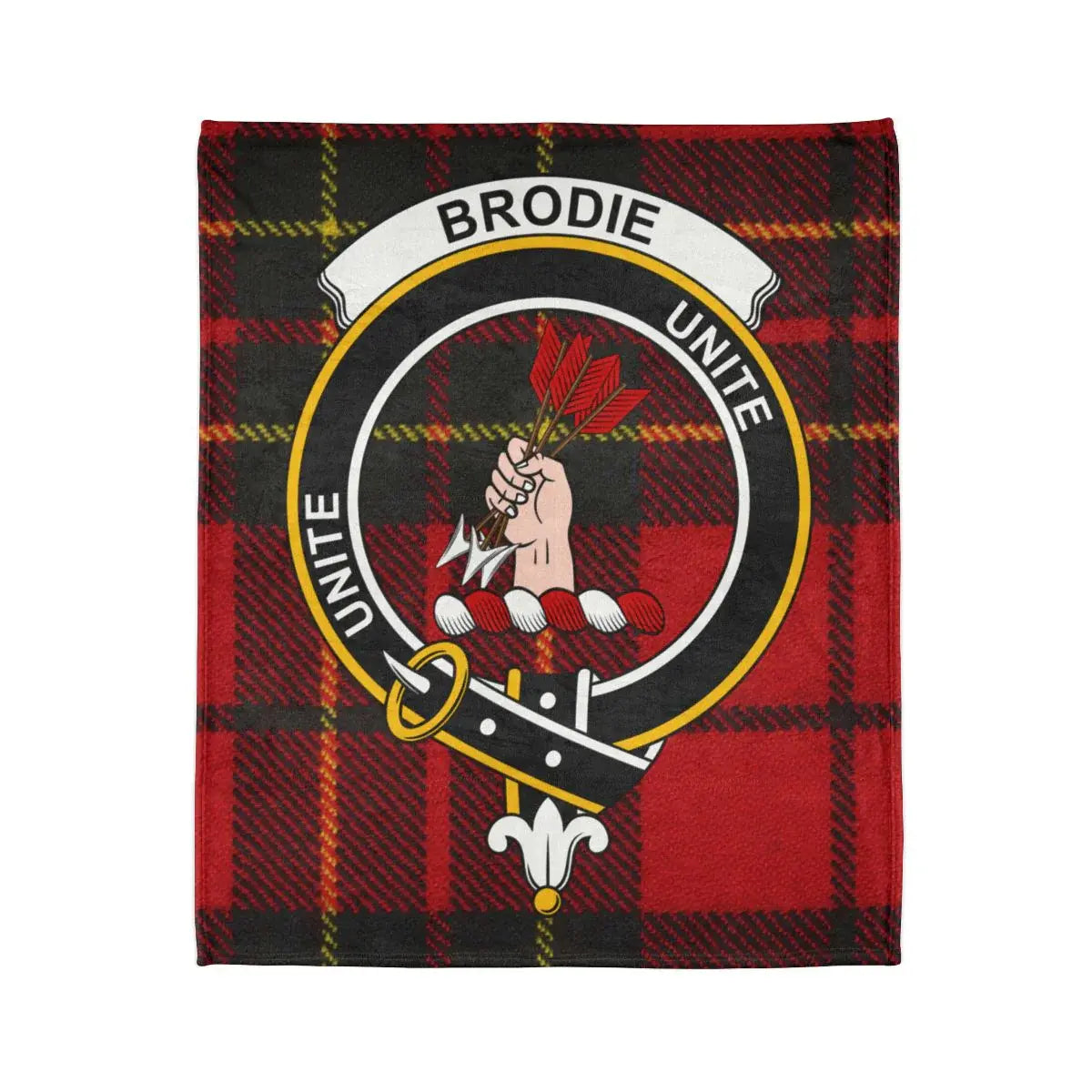 Brodie unite tartan crest plaid blanket — crest detail on polyester
