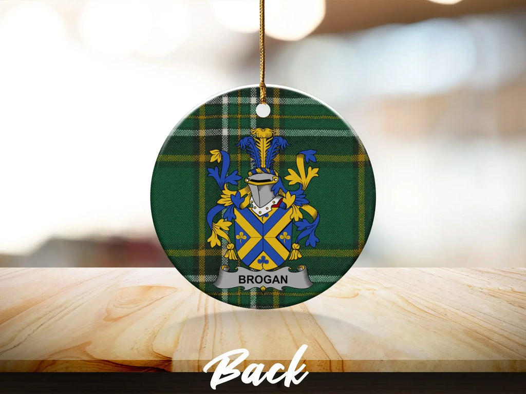 Brogan family crest tartan ceramic ornament ready for the tree