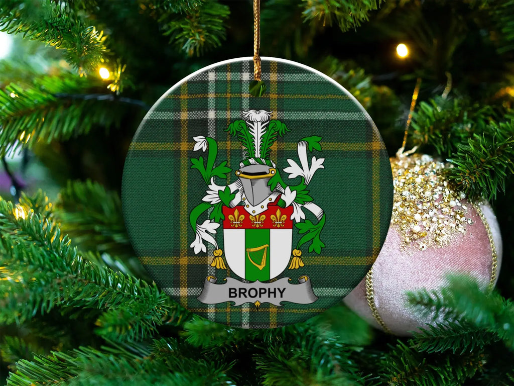 Brophy Irish family crest on a 3-inch round ceramic Christmas ornament