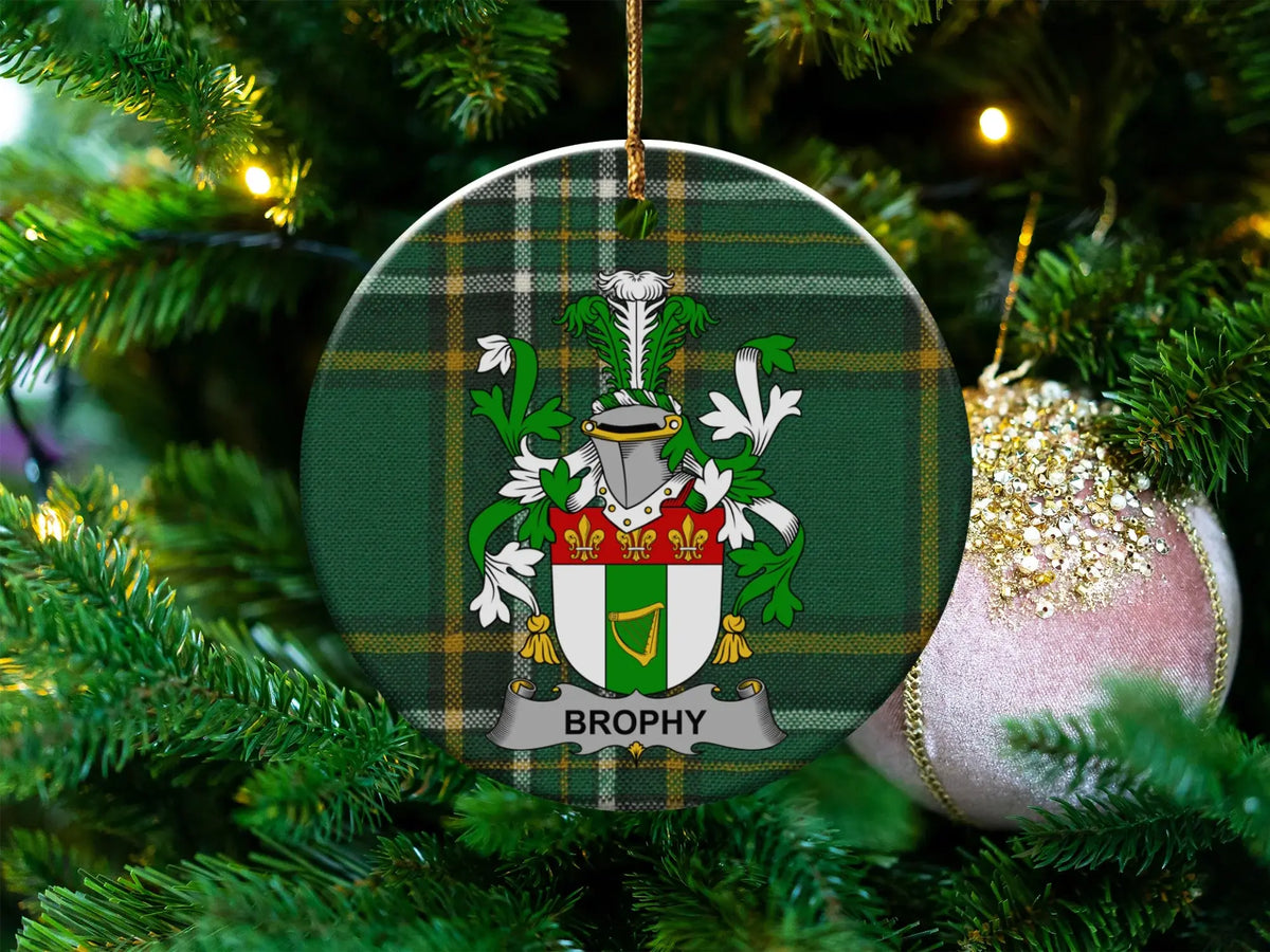 Brophy Irish family crest on a 3-inch round ceramic Christmas ornament