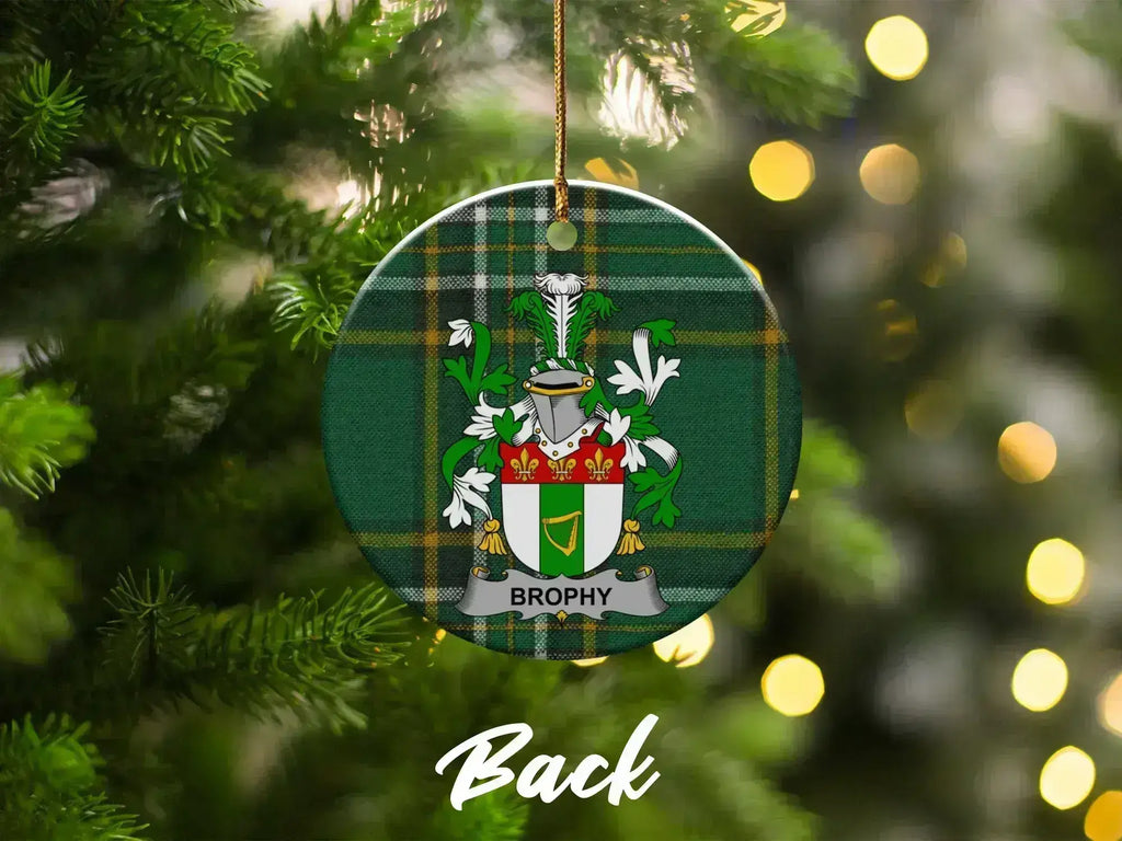Brophy double-sided ceramic ornament with family emblem on Irish National Tartan