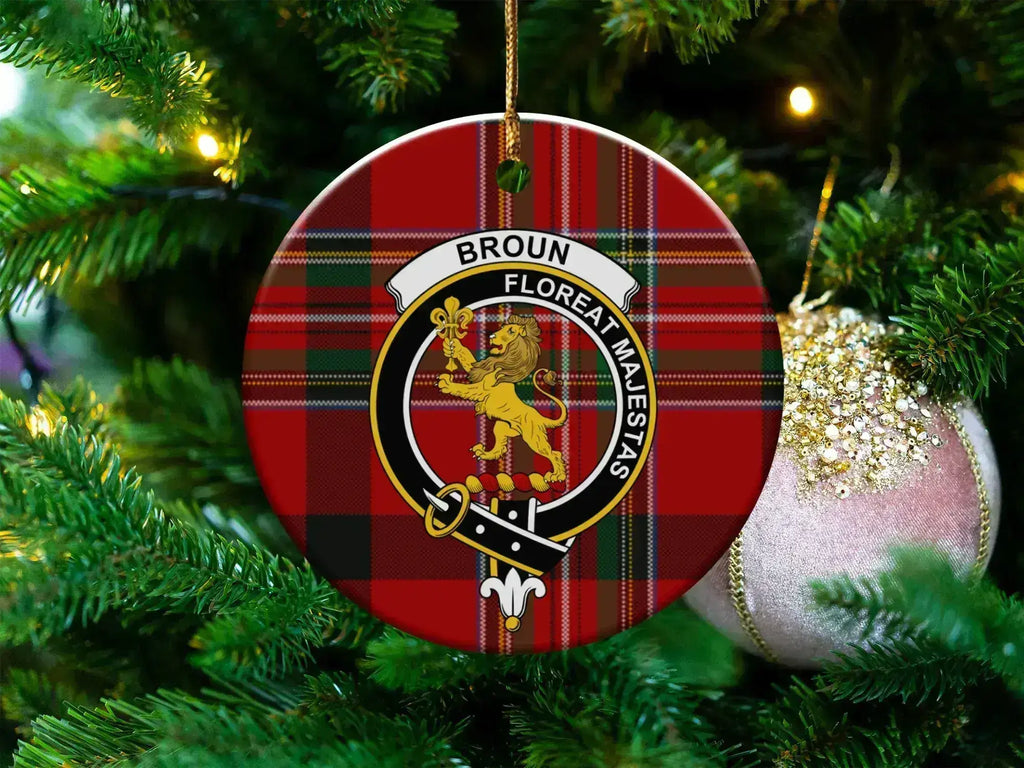 Broun ceramic ornament with family-name crest on a tartan-background design
