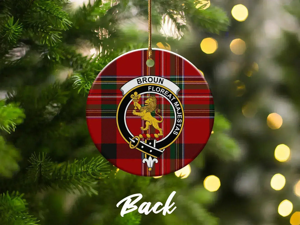 Broun family-name crest detail on the ceramic ornament