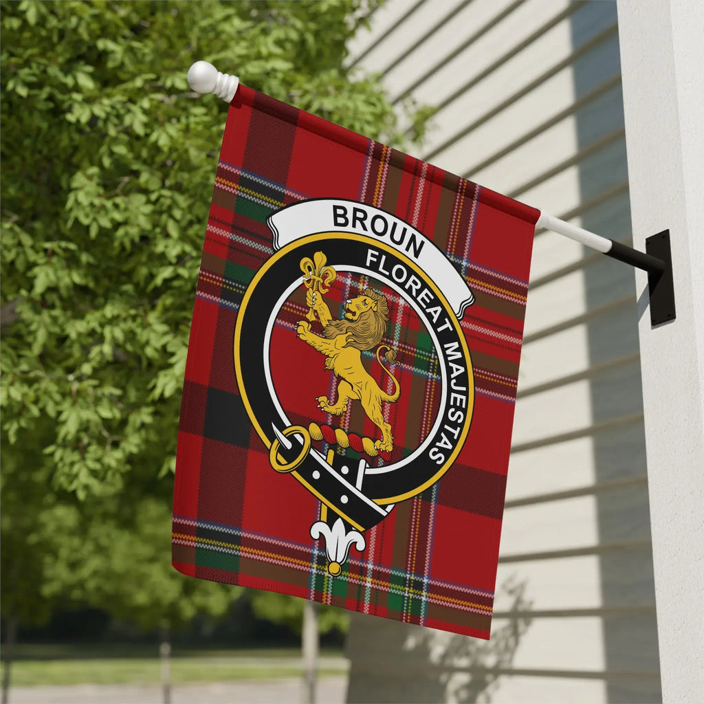 Broun clan crest tartan garden flag for outdoor display