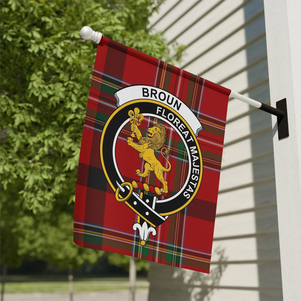Broun clan crest tartan garden flag for outdoor display
