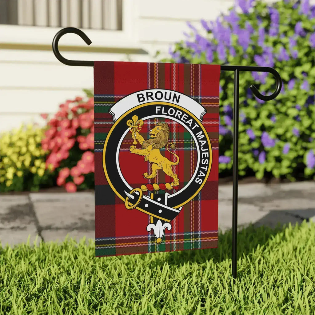 Broun tartan garden flag shown in 12x18 and 24x32 inch sizes
