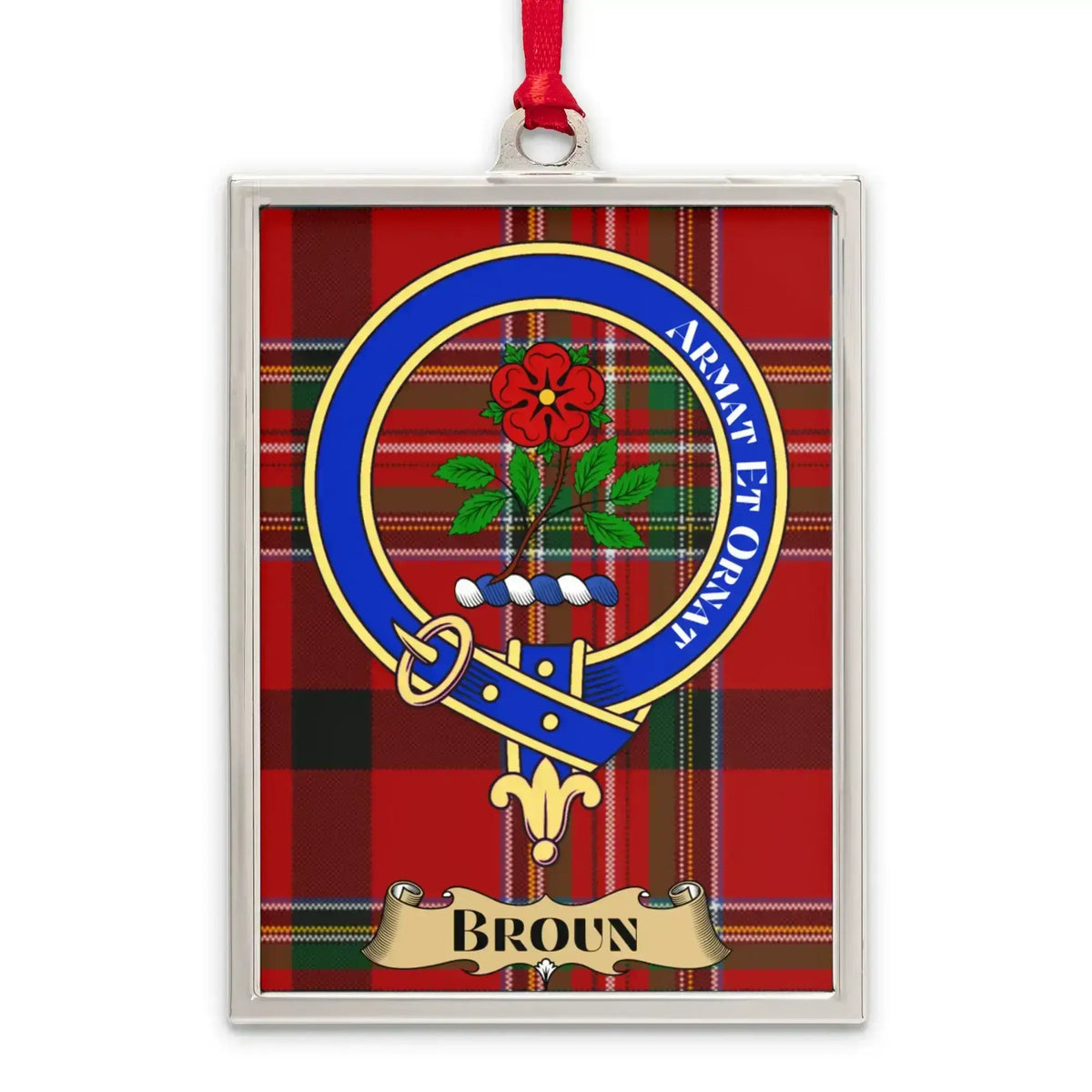 Broun tartan-background framed ornament product presentation