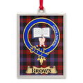 Brown tartan-background crest ornament shown as a Scottish heritage keepsake gift