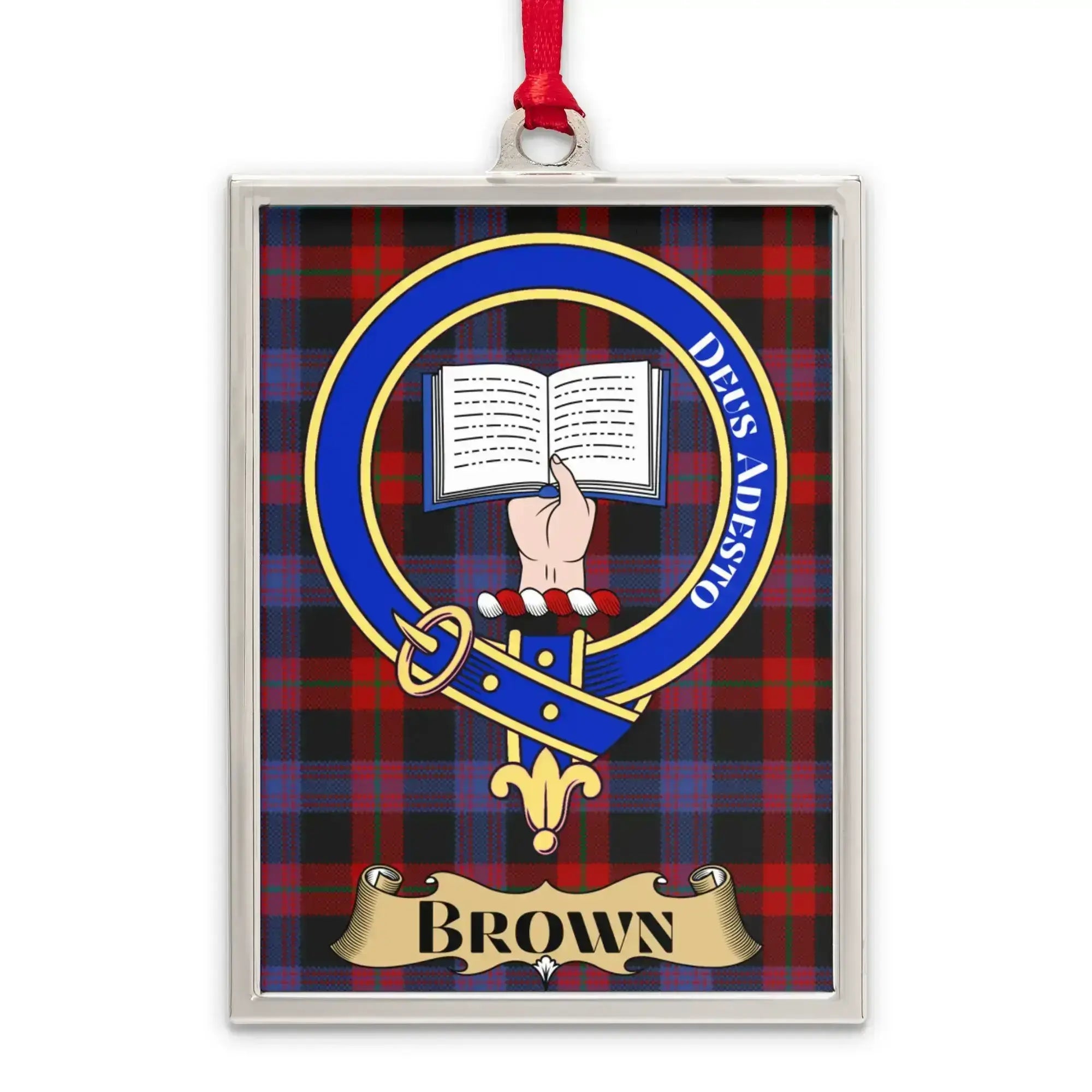 Brown tartan-background crest ornament shown as a Scottish heritage keepsake gift