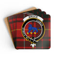 Bruce clan crest tartan coaster set of 4 — natural cork squares with sealed heraldic design
