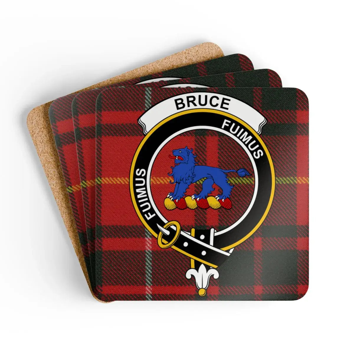 Bruce clan crest tartan coaster set of 4 — natural cork squares with sealed heraldic design